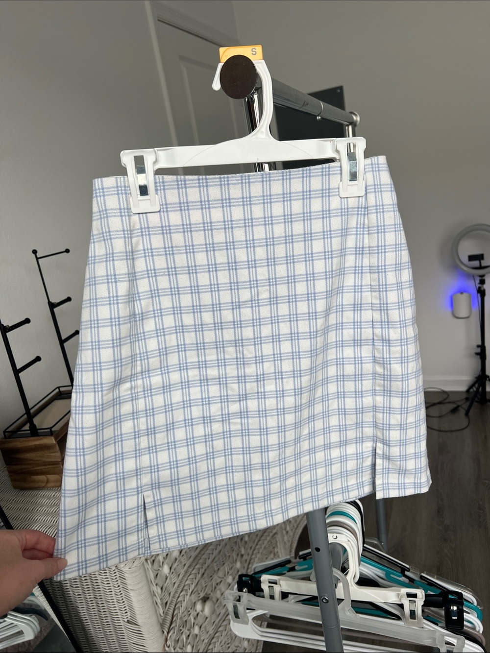 Brandy Melville light blue & white plaid mini skirt